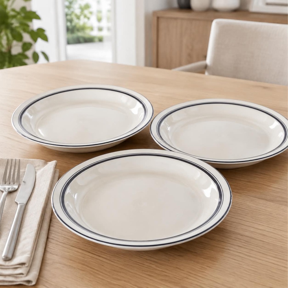 Vintage Dansk Bistro Dinnerware Set of 3 White Navy Blue Rim 9" Dinner Plates